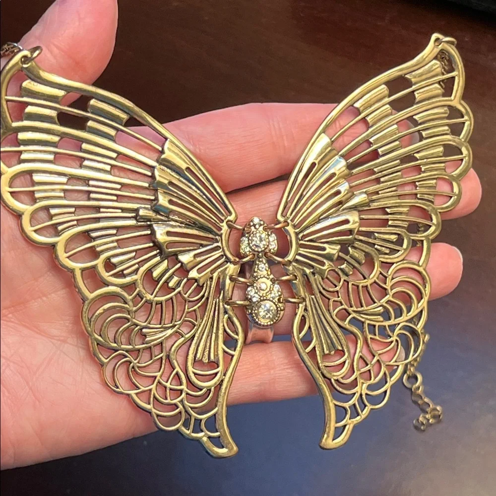 Articulated Butterfly Necklace in Antiqued Gold - Picture 3 of 16